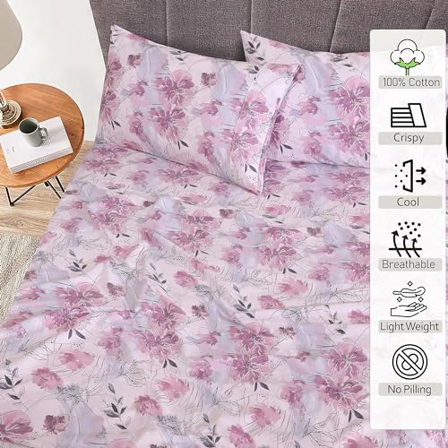 RUVANTI 100% Cotton Split King Sheets Sets for Adjustable Bed, 5 PCs, Soft & Breathable Percale Weave Bedding, Deep Pocket 16", Hotel Standard, Crisp Cool Feel & Durable, Floral Sheet, Lilac Floral