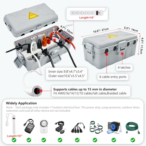 Image of Hrensaw Medium Outdoor Electrical Box(10.6x5.5x4.5inch),Weatherproof Connection Box w /6 Cable Entry,IP54 Waterproof Extension Cord Cover Protect Power Strip,Timer,Plug,Holiday Lights,Grey