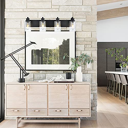 Image of 4-Light Bathroom Vanity Light Fixtures, 28 inch Black Wall Sconce with Seedy Glass Shades, Modern Bathroom Lighting for Mirror, Hallway, Bedroom, Living Room
