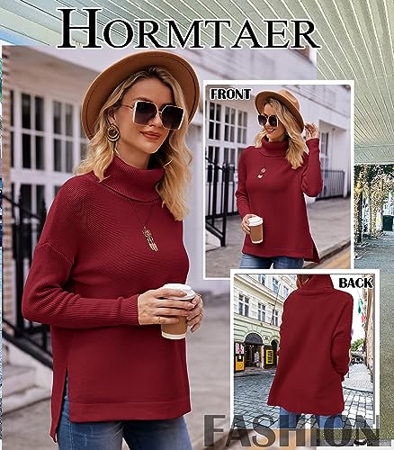 Hormtaer Pullover Damen Winter Rollkragenpullover Warm Oversized Strickpullover Rollkragen Stricken Pulli Grobstrickpullover Sport Sweatshirt Casual Lose Langarm Oberteile (Weinrot, S)