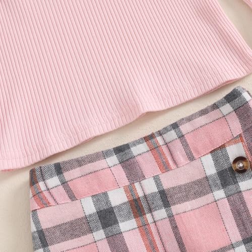 Image of BeQeuewll Fall Winter Toddler Baby Girl Clothes 2Pcs Long Sleeve Ribbed Knit Shirt Plaid Skirt 1T 2T 3T 4T 5T Girls Dress