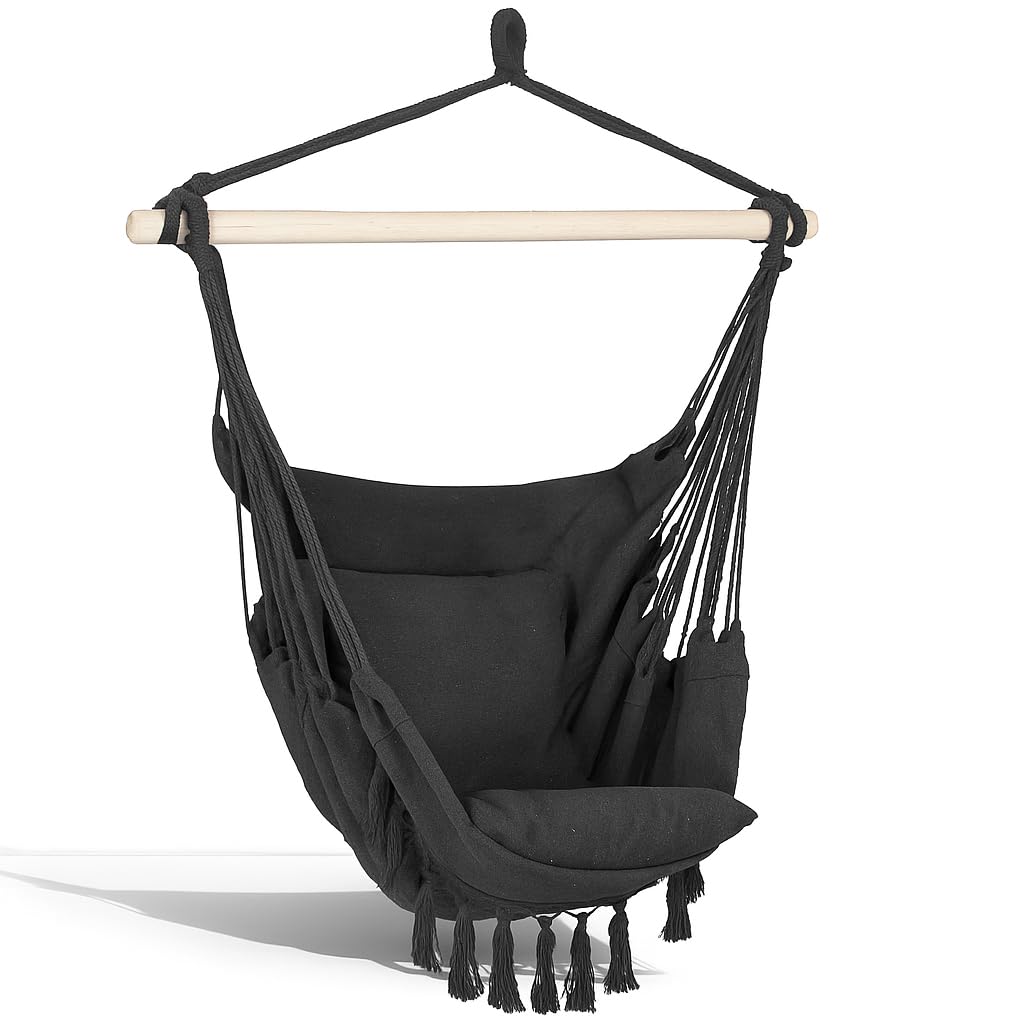 Springos® Fauteuil Suspendu Brésilien avec Coussins, Charge Max 150 kg, Fauteuil balançoire Boho en Coton/Polyester avec Cadre en Bois, Gris foncé, Poche latérale, Parfait pour Jardin