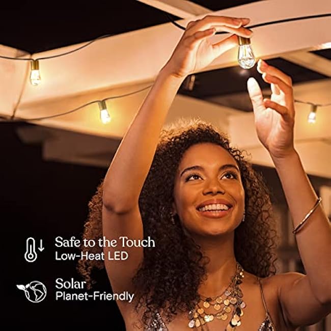 Brightech Glow Solar LED String Lights - Commercial Grade Waterproof Patio Lights with Beautiful Brass Accents - Shatterproof LED Solar Outdoor String Lights - 1W, Soft White Light - 27 Ft