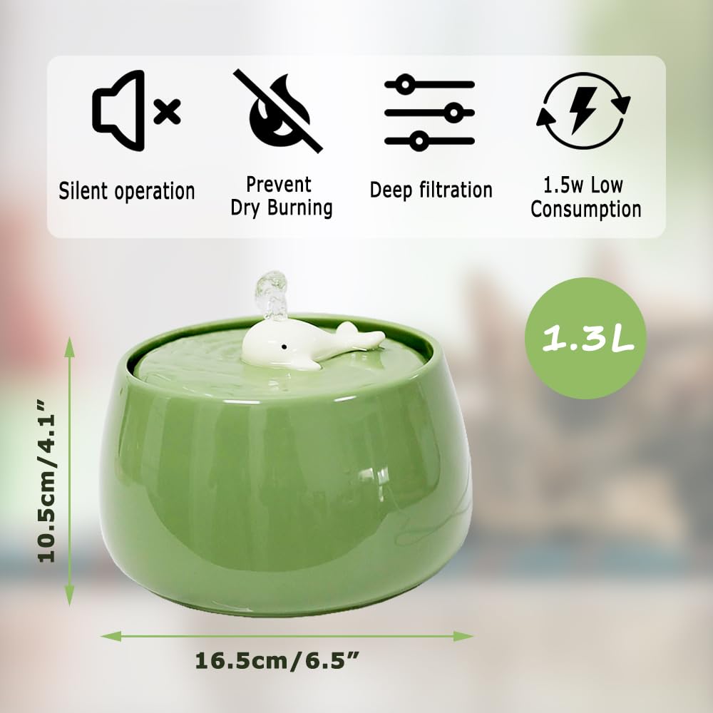 Fuente de agua de cerámica para gatos, 45 onzas/1.3 L, fuente automática ultra silenciosa para mascotas para gatos de interior con filtros de repuesto, perfecta para gatos y perros pequeños
