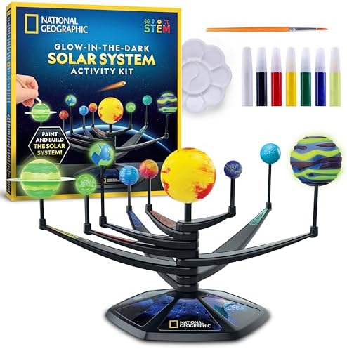 National Geographic Glow-in-The-Dark Solar System Model Kit for Kids - Build & Paint a 3D Planetary Model with Movable Arms, STEM Projects for Kids Ages 8-12, Space Themed Bedroom Decor