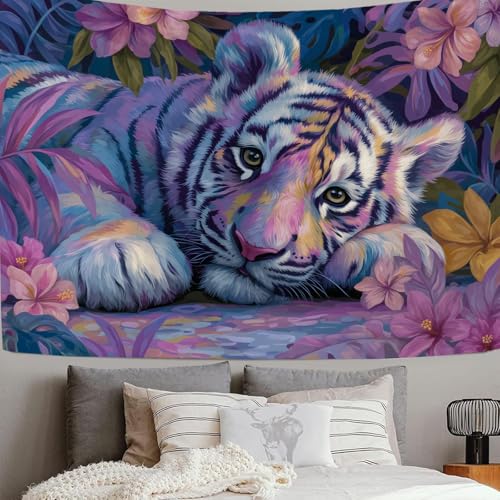 Tapisserie Tigre de la Jungle Rose Luminescente | Grande Tenture Murale Effet Fluo 230x150