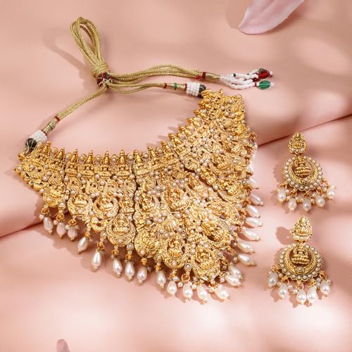 Image of Rubans Gold Plated Temple Necklace Set Traditional Statement Jewellery Gift for Women & Girls