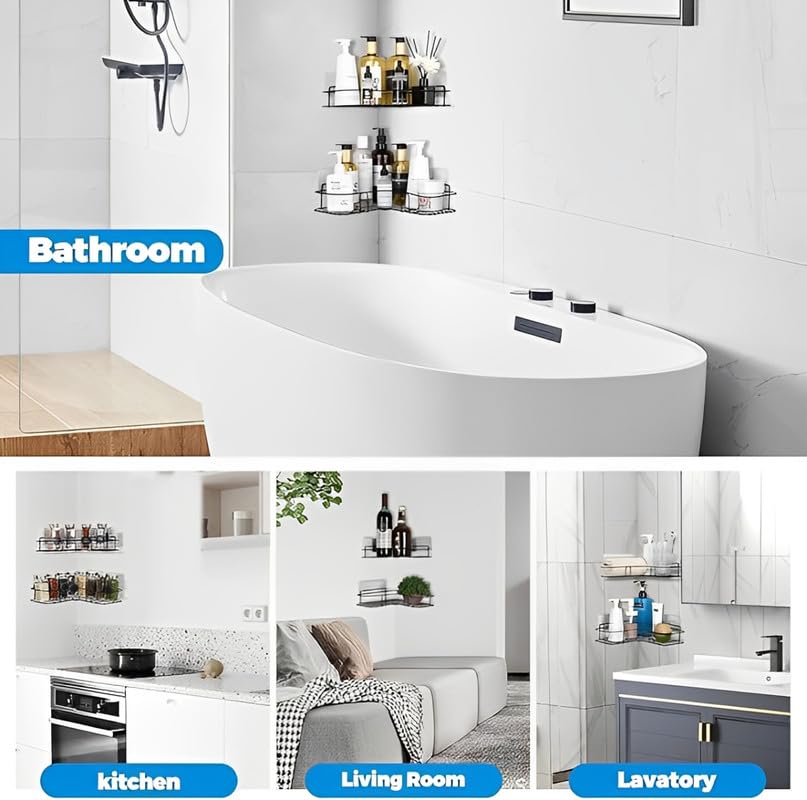 Image of Puno Steel Corner Shelf Rack (Pack of 2) - No Drill Self Adhesive Bathroom Wall Organizer | Matte Black Rustproof Kitchen Storage Rack for Toiletries & Bottles