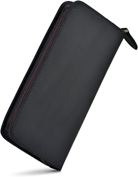 Fountain Pen Case 3 Divided Slots Crazy Horse Leather Pen Holder, Handmade Display Zippered Pouch for Rollerball Pen-Black