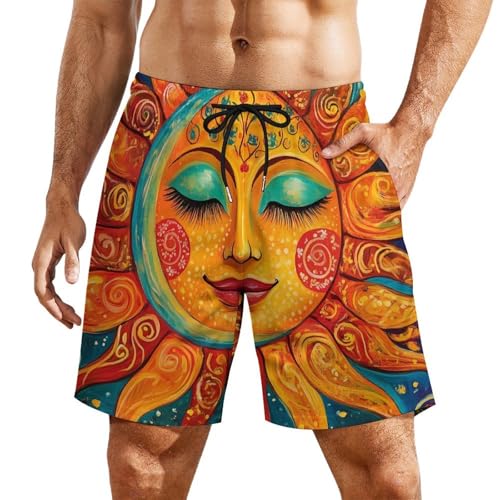 Sun Face Flower Mens Swim Trunks with Quick-Drying Lining Beach Shorts for Outdoor Sports