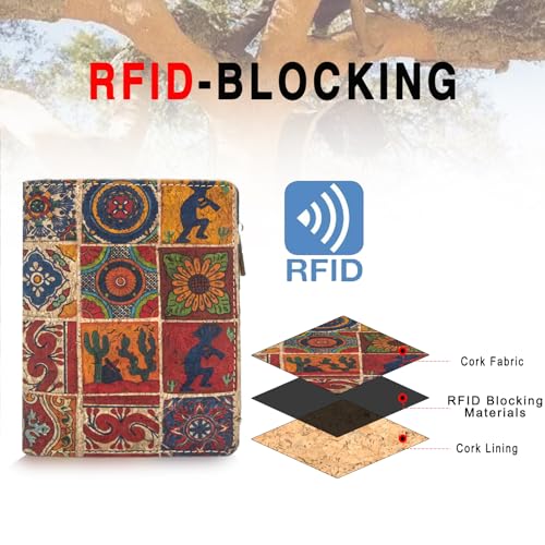 Image of Eco Cork Friendly RFID Blocking Wallet Bi-fold Card Holder Vertical Wallet With Zippered Coin Purse & ID Window