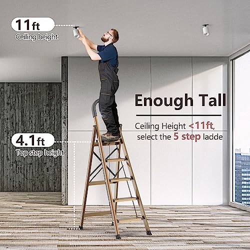 GameGem Lightweight Aluminum 5 Step Ladder Folding Step Stool with Convenient Handgrip Stepladders for 10 Foot High Ceiling with Anti-Slip and Wide Pedal for Home Use Space Saving - Brown Gold