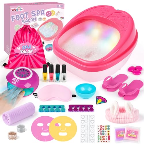 Dreamon Kids Foot Spa & Nail Kit Set - 25 Pcs Kids Spa Day Kit with Middle Size Rainbow Light...