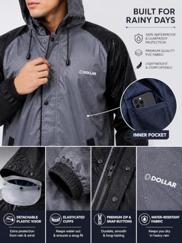 Image of Dollar Men's Waterproof Raincoat Set with Detachable Plastic Visor Hood | Lightweight Polyester Jacket Pant Rainwear Suit with 4 Pockets, Full Sleeve Leakproof for Biking, Trekking & Outdoor