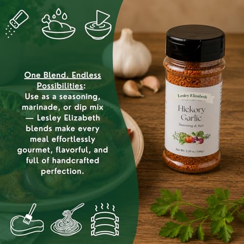 Image of Lesley Elizabeth Hickory & Garlic Rub - All-Purpose Smoky BBQ Seasoning | Gourmet Grill & Cooking Spice Blend for Chicken, Beef, Pork, Seafood & Vegetables