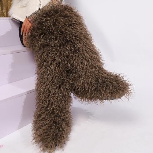 Image of Black Thigh High Fur Boots, Over the Knee Fluffy High Boots, Tall Furry shoes for Women