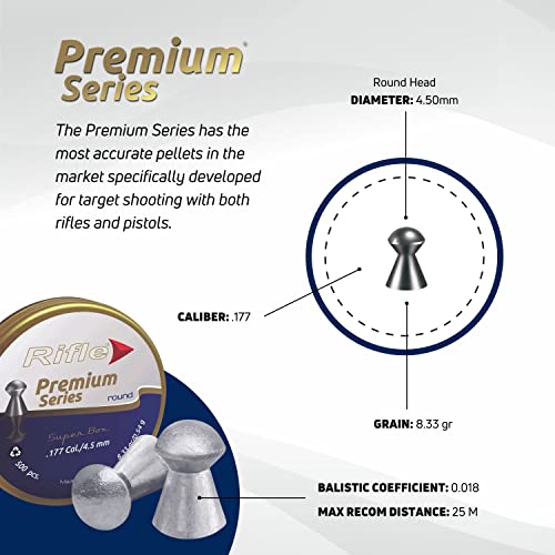 Rifle Premium Round Nose Air Gun Pellets | .177 Caliber | 4.5 Mm | 8.33 Gr | Rounded Head For Target Shooting And Hunting | 500 Count Gray #TOP2