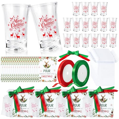 R HORSE Christmas Party Favors Bulk - 18 Set 1.2 Oz Acrylic Merry Christmas Shot Glasses Set with Cards, Festive Ribbons and Gift Bags for Xmas Holiday Party Gifts for Friends Family Stocking Stuffers