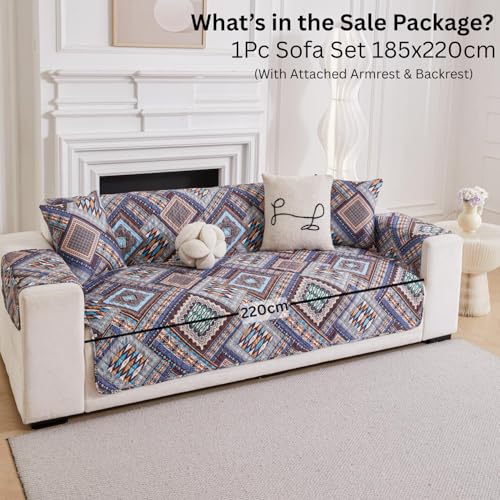 Image of HOMETHREADS Premium Style Anti Slip Sofa Cover Set | Cotton Sofa Slipcover | 1Pc Front Cover with Attached Armrest + 1Pc Back Cover (Sqaure Blue, 4 Seater | 200x185cm)