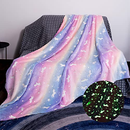 Glow in The Dark Throw Blanket Victop Super Soft Flannel Fleece Blanket 100 x 150cm Warm Cozy Furry Blanket for Kids Decorated with Stars and Horse Holiday Birthday Gift for Kids Girls Boys Teens