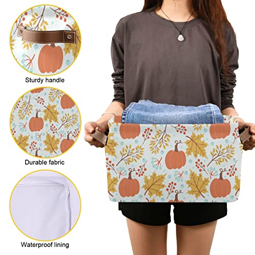Image of Fall Pumpkin Storage Basket Fabric Storage Bin Laundry Baskets Autumn Maple Leaves Foldable Storage Boxes Organizer Bag for Baby Cloth Dog Toy Book Storage Cubes Shelf Closet Basket 16x12x8 Inches