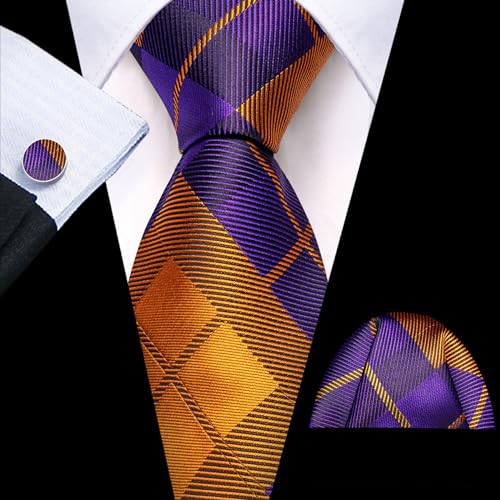 Image of Barry.Wang Tie Sets for Men Plaid Necktie Set Woven Pocket Square Cufflinks Handkerchief Cufflinks Party Wedding, Prussian Blue Orange