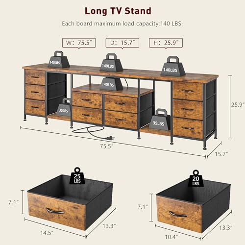 Image of 75.5 inch Long TV Stand for 85 /80 /75 Inch TVs LED Entertainment Center with Power Outlets & 10 Storage Drawers, Television Stands with 2 Separate Wood Shelves for Bedroom Living Room, Rustic Brown