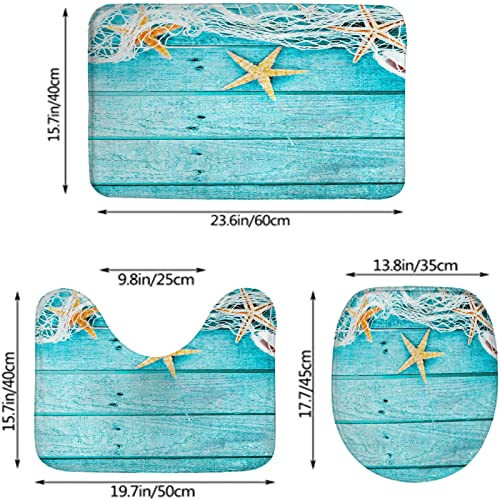 Badezimmerteppich-Set, 3-teilig, rustikale Holzbretter, Fischernetz und Meerestiere, nautische, waschbare Badteppiche, rutschfest, mit Rückenpolster, Konturteppich und Toilettendeckelbezug – Bild 3