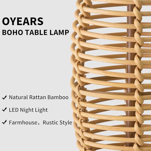 Image of OYEARS 28 inch Table Lamps Set of 2 with Dual Night Lights, Bedside Lamps for Bedroom, Boho Lamp for Living Room, Rattan Table Lamp with Linen Shade, Farmhouse Lamp with Wood Grain Finish (Bulb Included)