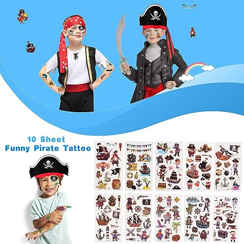 Piraten Kindergeburtstag Set 8 pcs Piratenhut Kinder 8 pcs Augenklappe Pirat Filz Augenmaske 10 pcs Piraten Tattoos Schädel Piraten Hut Accessoires für Geburtstag Halloween Maskerade Piratenparty
