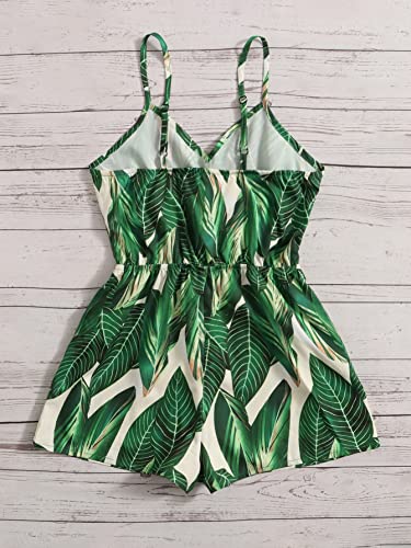 Shein Girl's Leaf Print Sleeveless Cami Rompers V Neck Wide Leg Jumpsuit Playsuits Green 11-12Y #TOP1