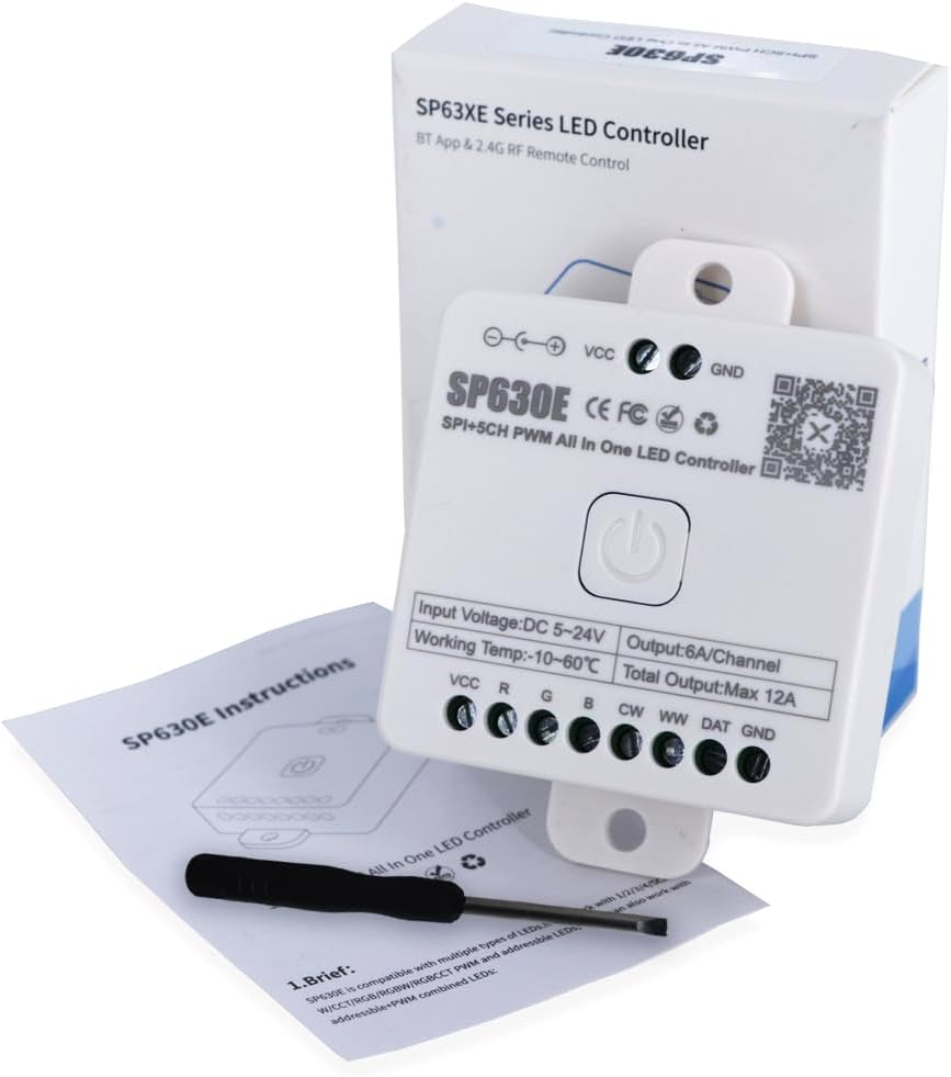 SP630E LED Controller – Bluetooth Led Controller for Single-Color or IC-Driven Strips Control for WS2811/WS2812B/SK6812, PWM SPI-TTL Support (5V-24V Wide Voltage)