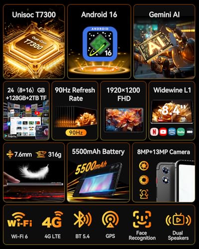 Image of 8.4 inch Android 16 Tablet with Gemini AI, Unisoc T7300 Octa-Core 24(8+16)GB RAM 128GB ROM 2TB TF, 1920x1200 FHD 90Hz Portable BPad T1, 8MP+13MP Cameras 4G LTE & Wi-Fi 6 & BT5.4 & GPS 5000mAh Battery