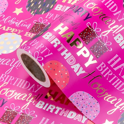 WRAPAHOLIC Birthday Wrapping Paper - Mini Roll - 17 Inch x 16.5 Feet - Gold Foil Hot Pink Happy Birthday Wrapping Paper for Kids, Girls, Women, Baby Shower