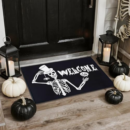 Yesmoyhe Alfombra de Halloween, 60 * 40cm Felpudo Calavera, Terror Esqueleto a Cuadros Terror Felpudo, impresión Halloween Puerta Mat, para Decoración