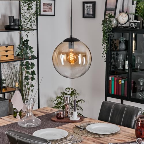 Lampe à suspension Gastor en métal noir et verre ambré E27