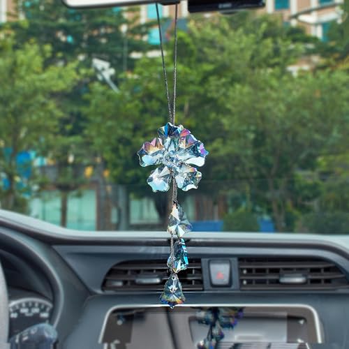 Image of Crystal Flower Car Rear View Mirror Pendant Suncatcher Ornament for Automotive Decoration Accessories Interior Rearview Mirror Hanging Charm, Colorful