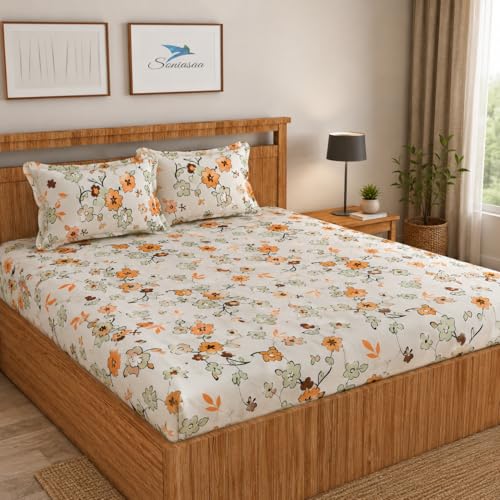 Image of 265 TC Glace-Cotton All Around Elastic Fitted Bedsheet, Elastic Fitted Bedsheet King Size Bedsheet for Double Bed with 2 Pillow Covers, Size - 72 x 78 x 8 Inch Color White