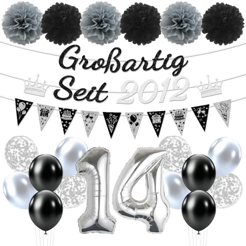 Afritee Deko 14. Geburtstag Junge Mädchen Schwarz Silber Großartig Seit 2012 Girlande Banner Luftballons Pompons Set Alles Gute Zum Geburtstag Vierzehn Black and Silver Party Deko