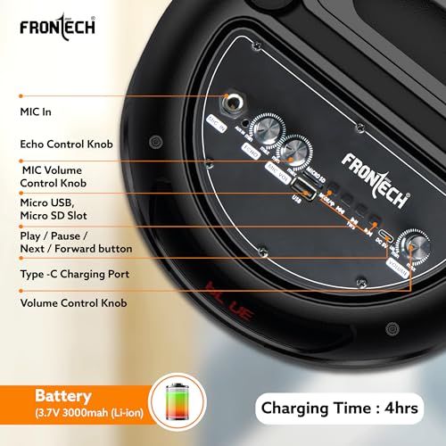 Image of FRONTECH Sonata Multimedia Wireless Trolley Speaker - 26W Output, Bluetooth 5.0, LED Display, Disco Light, Wheels, Handle - (SW-0180, Black)