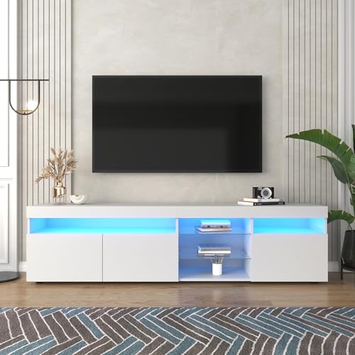 MURUL Mueble de TV moderno blanco con panel luminoso, para salón y comedor, 180 cm, iluminación LED variable (blanco)