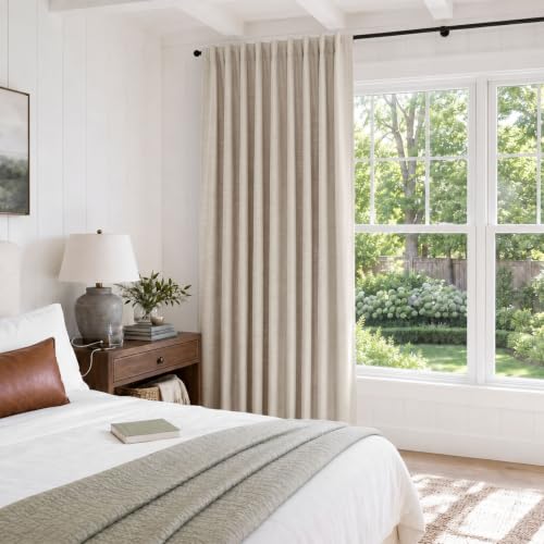 Image of Linen Textured Total Blackout Sliding Door Curtains 96 Inches Long, Cream