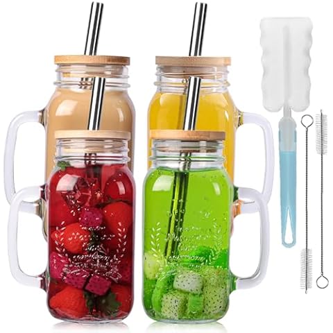 Yirilan 4 Pack 24 Oz Mason Jar Cups with Handle and Bamboo Lids Cover