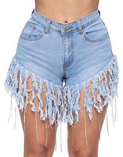 Tengo Women Stretchy Distressed Rhinestone Fringe Crystal Denim Shorts(LightBlue,S)