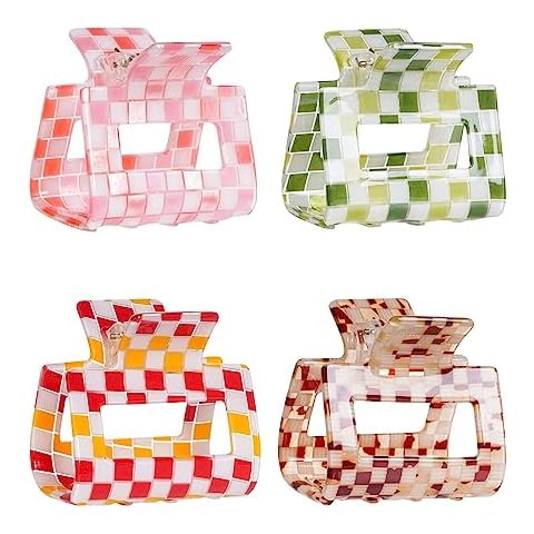baotongle 4pcs Checkered Hair Claw Clips for Thin Hair Checkered Hair Clips Acrylic Small Claw Clip with Strong Hold for Women Girls Long Short Hair (5x4cm/2x1.57inches, Pink,green,red,orange) Cover