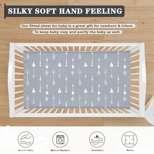 Image of Arrows Baby Crib Sheets for Boys Girls Grey Fitted Crib Sheet for Standard Crib and Toddler Mattress Cute Baby Mattress Sheets Toddler Bed Sheet 52x28x8 in