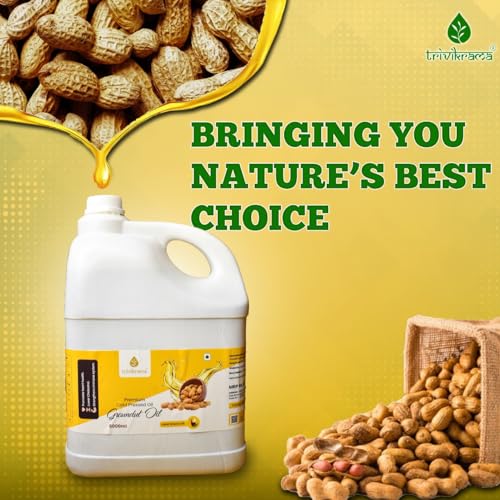 Image of Trivikrama Premium Cold Pressed Groundnut Oil | Peanut Oil | Moongfali Ka Tel | Kolhu /Kachhi Ghani /Chekku /Wood Pressed | Chemical Free | Natural Cooking Oil For Deep Frying And Baking 5L - (Pack Of 1)