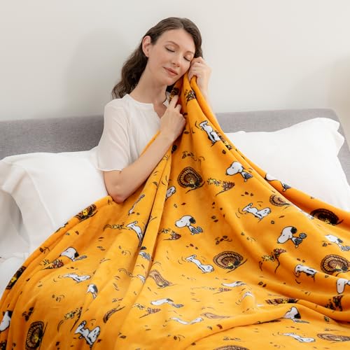 Image of Berkshire Blanket Peanuts VelvetLoft Cute Character Snoopy Plush Blanket,Snoopy and Woodstock Fall Birds & Leafs Orange,King 90 in x 108 in (Official Peanuts Product)