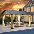 Raysfung 11' × 13' Wood Gazebo, Outdoor Hardtop Gazebo with Netting and Curtains, Cedar Wooden Frame Gazebo with Galvanized Steel Roof for Garden, Patio, Deck