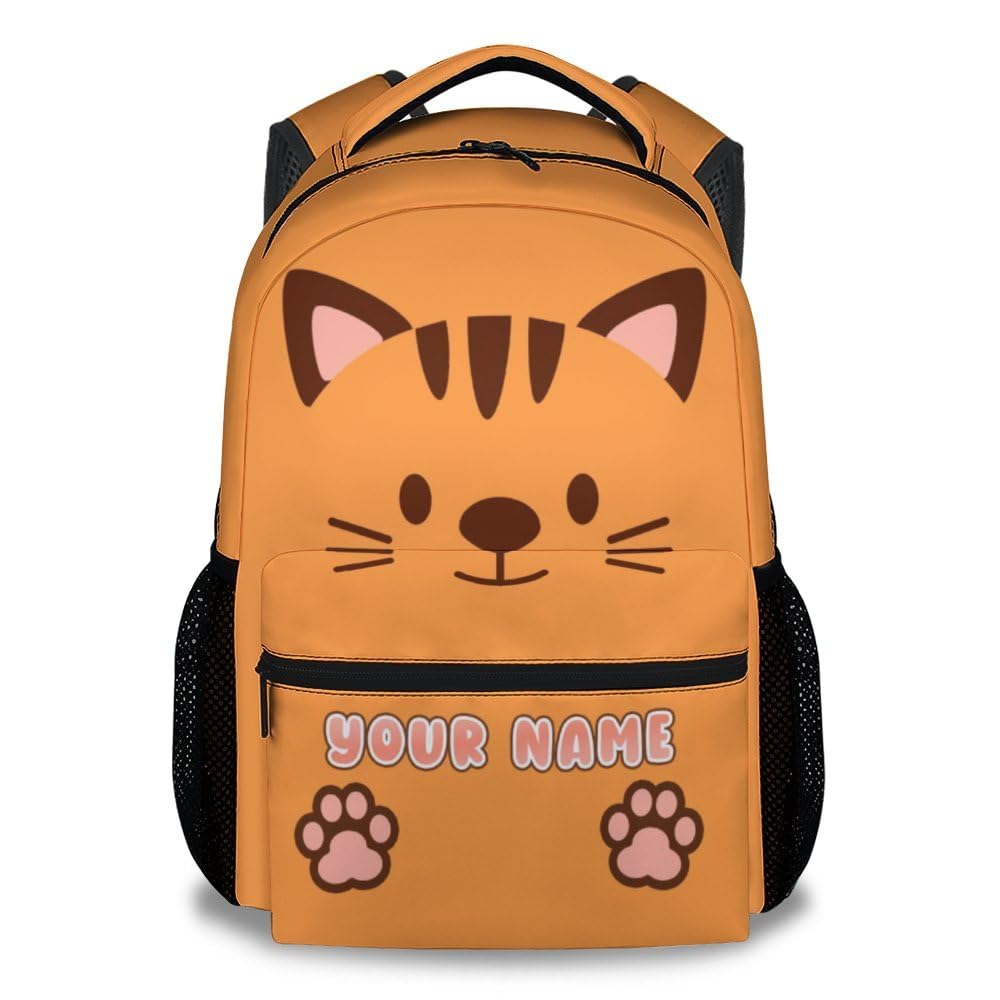 NICEFORNICE Personalized Girls Backpacks for School, 17 Inch Cute Cat Backpack for Primary School, Orange Animal Kids Bookbag for Cat Lovers